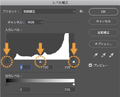 レベル補正の各調整スライダーの説明