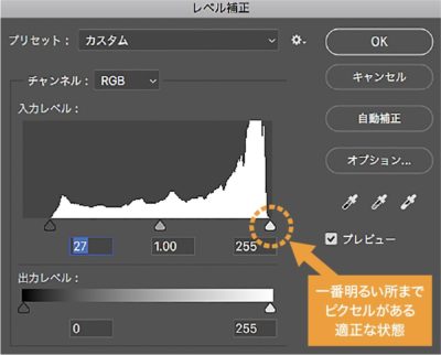 レベル補正を使った明るさの調整-調整後のヒストグラム