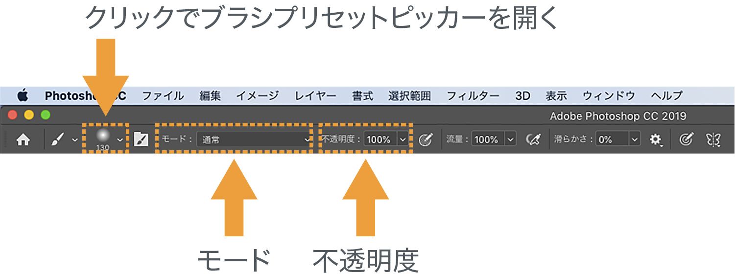 ブラシツールのオプションバー